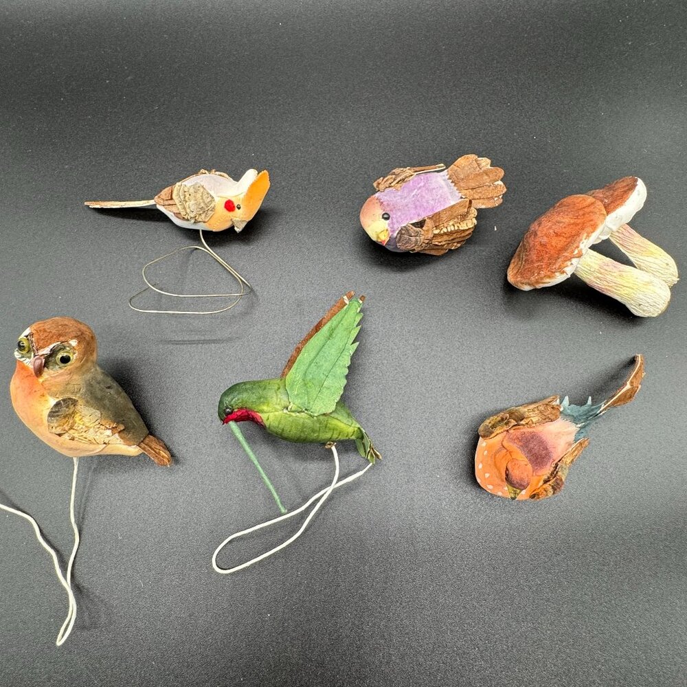 Vintage Set of 6 Decorative Crafting Birds and Mushroom Some on Wires